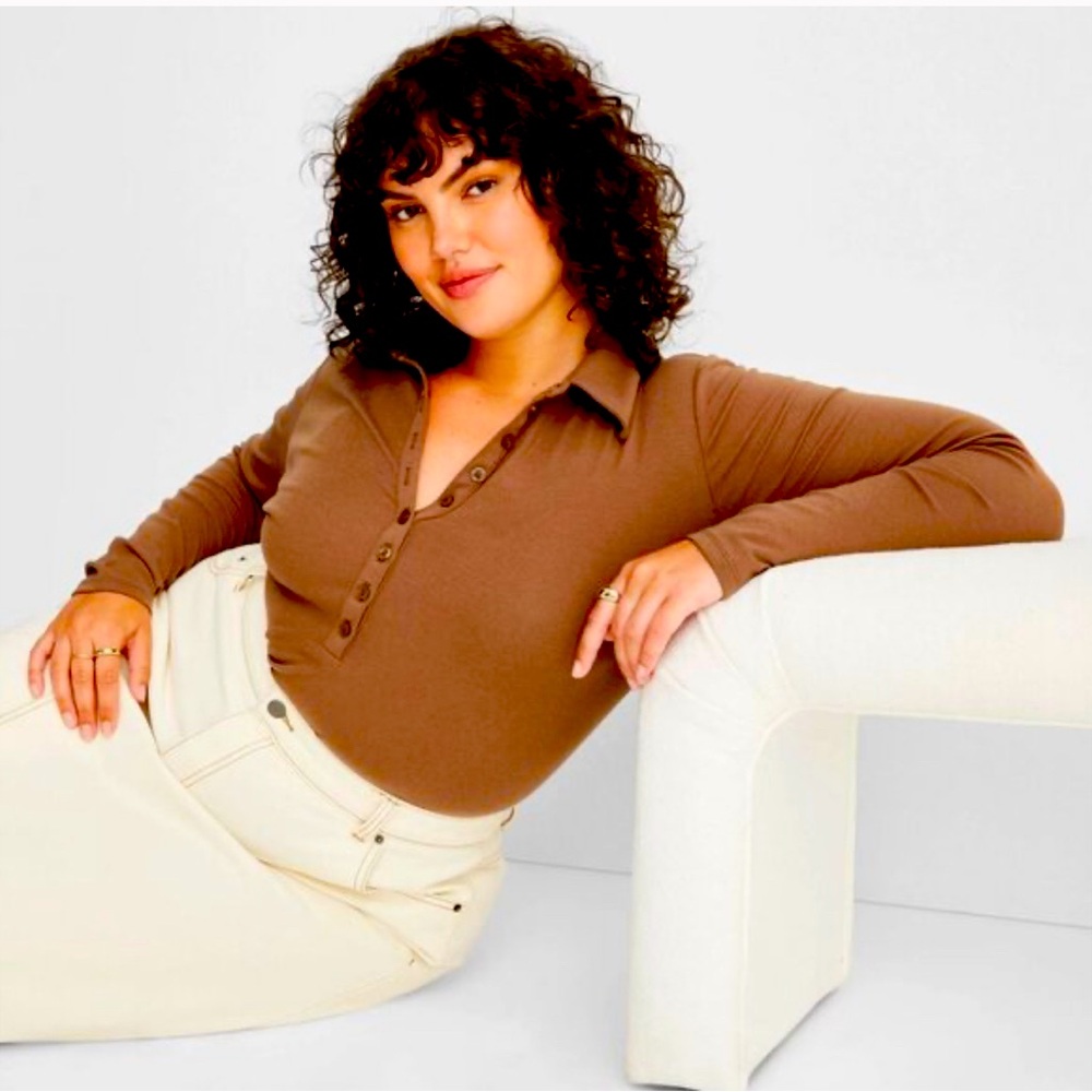 New Future Collective Reese Blutstein Mocha Henley Bodysuit Minimalist Academia